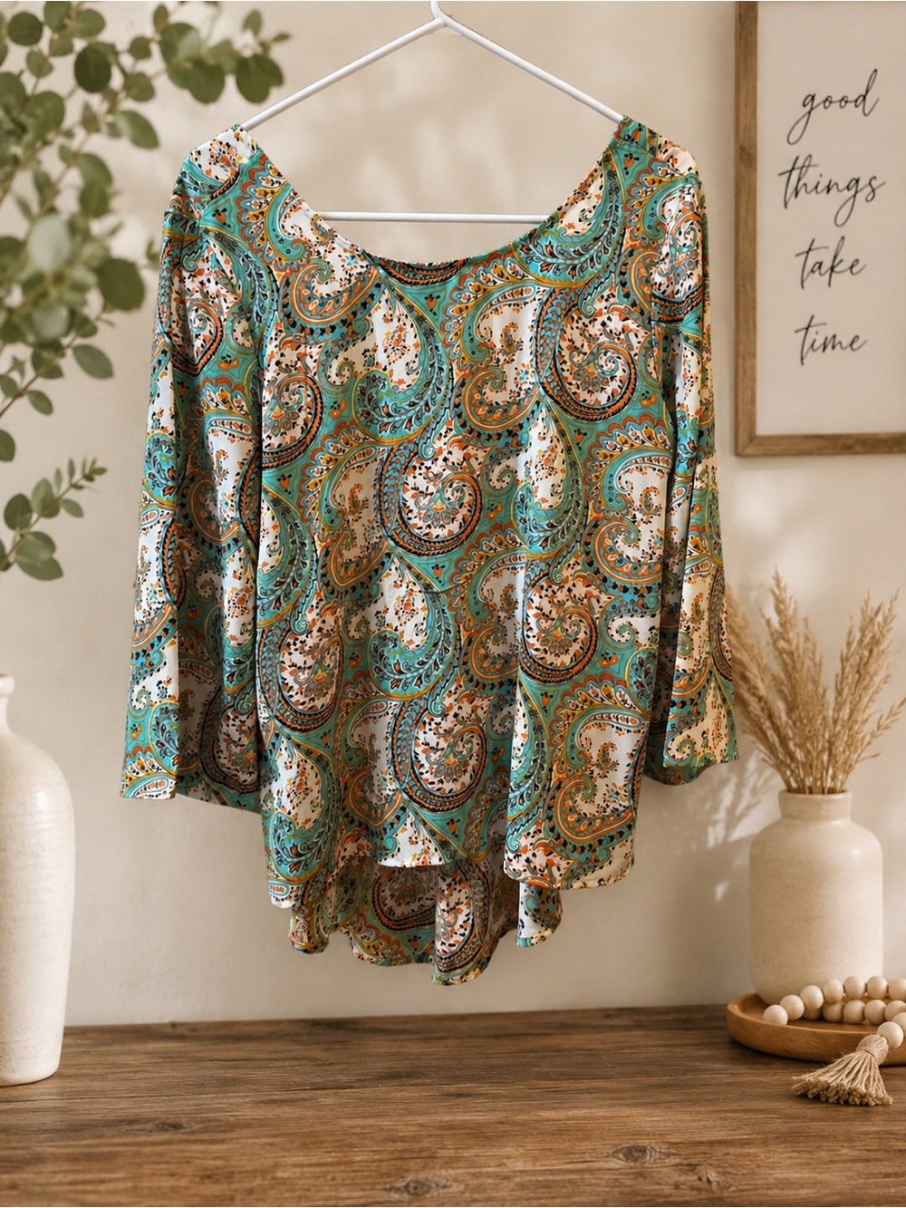 Altar'd State Teal and Cream Paisley Scoop-Neck 3/4 Sleeve Top with open back M